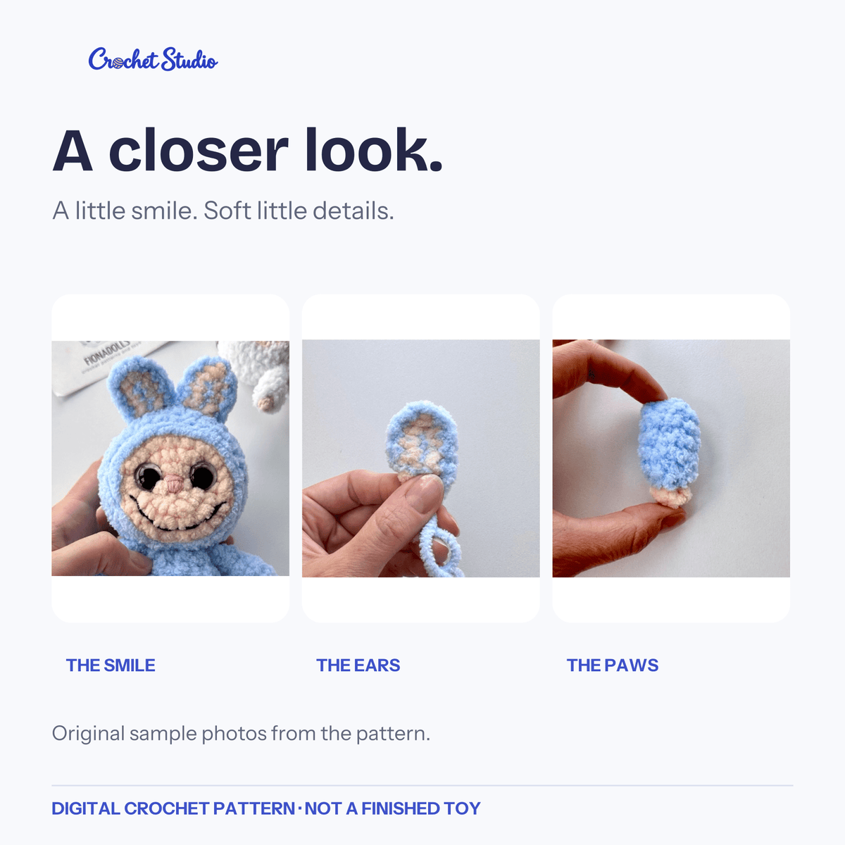 Original sample details showing the smile, layered ears and plush paws.