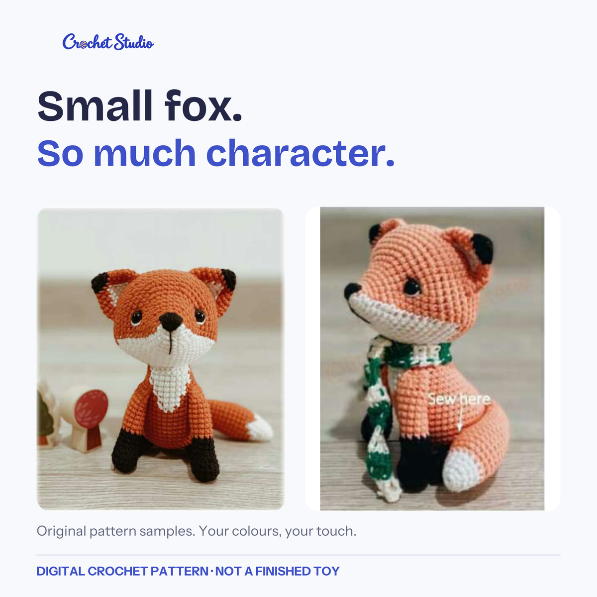 Two original fox samples, showing a plain fox and an optional striped scarf.