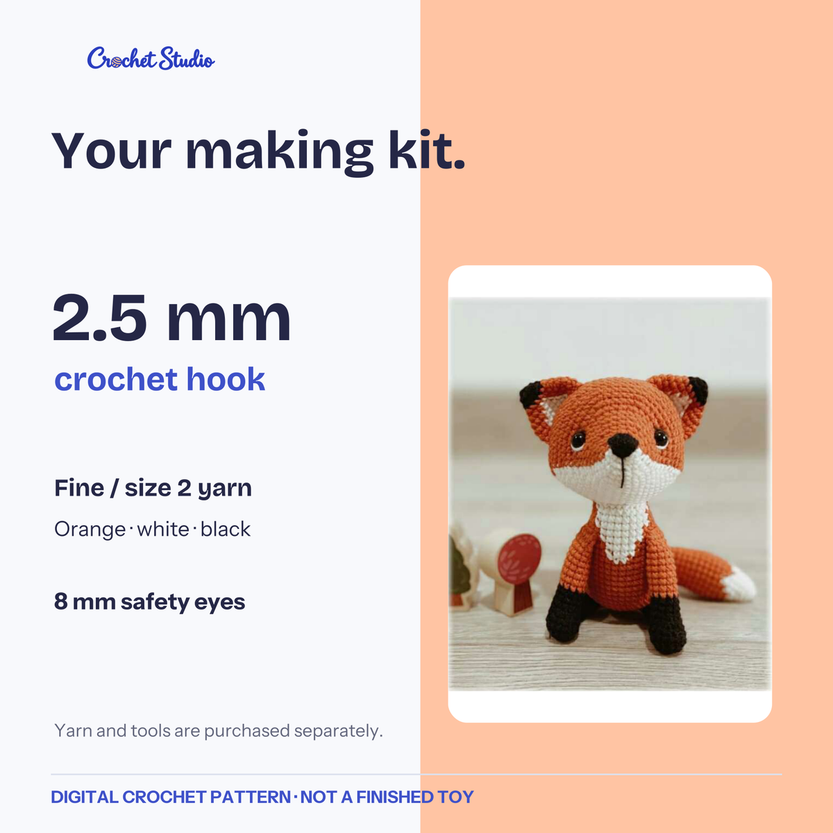 Suggested pattern materials: fine yarn, a 2.5 mm hook and 8 mm safety eyes.