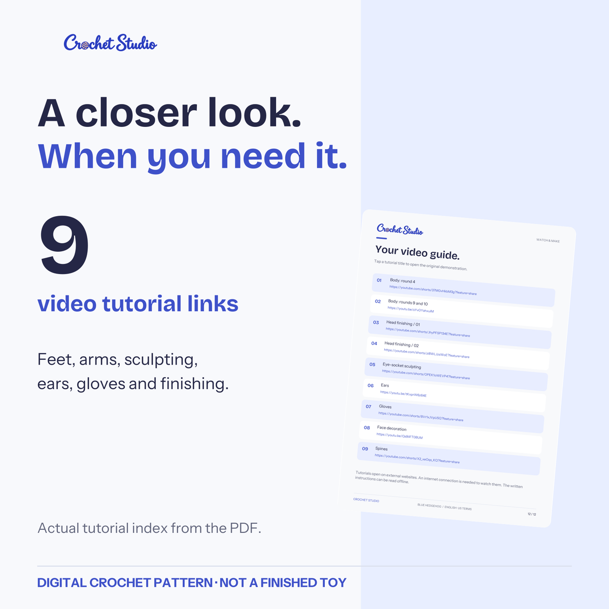 Actual index of nine external video tutorial links included in the crochet PDF.