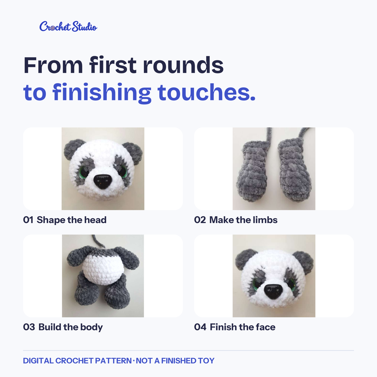 Four original tutorial photos showing the panda head, limbs, body and finished face.