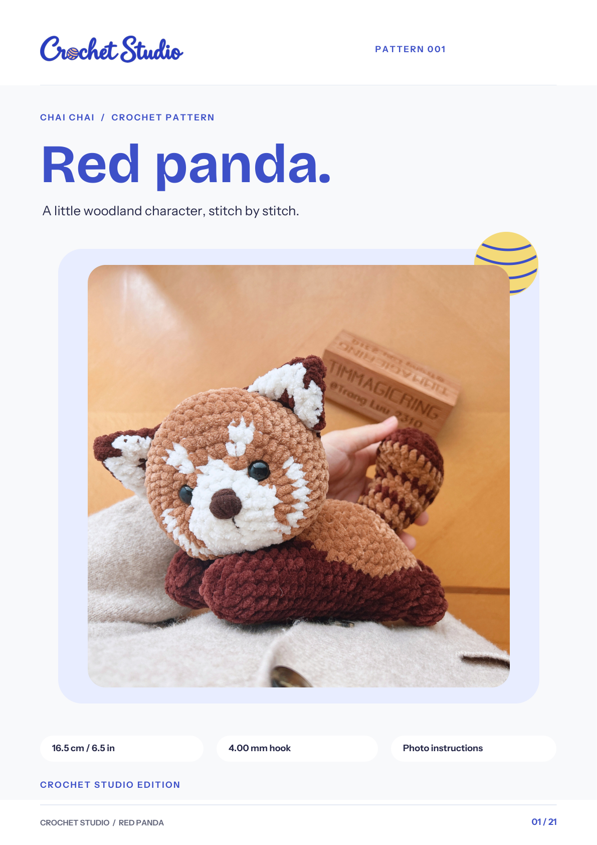 Cover of the CROCHET STUDIO Red Panda crochet pattern PDF. Digital pattern only, not a finished toy.