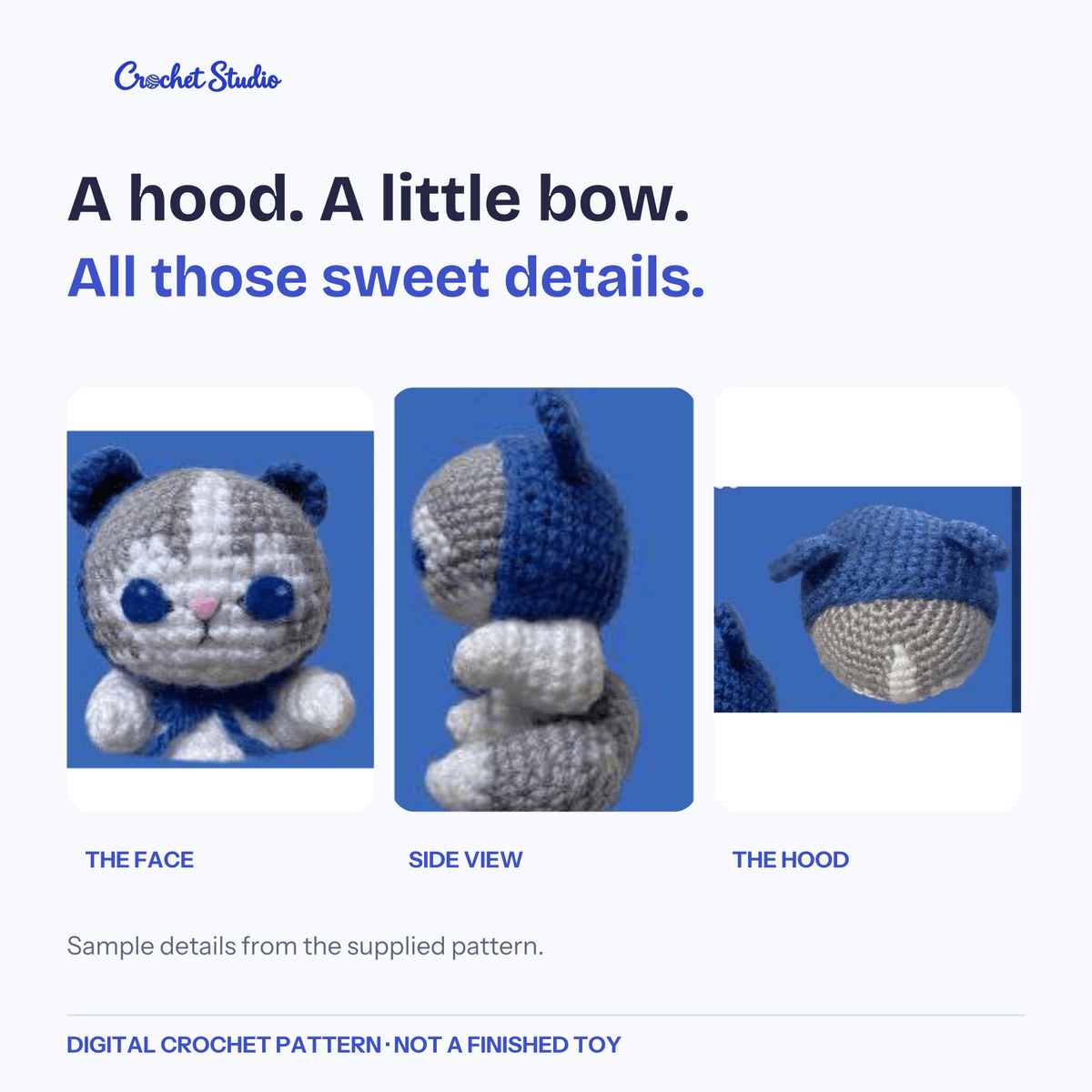 Face, side and hood details shown in the supplied crochet pattern.