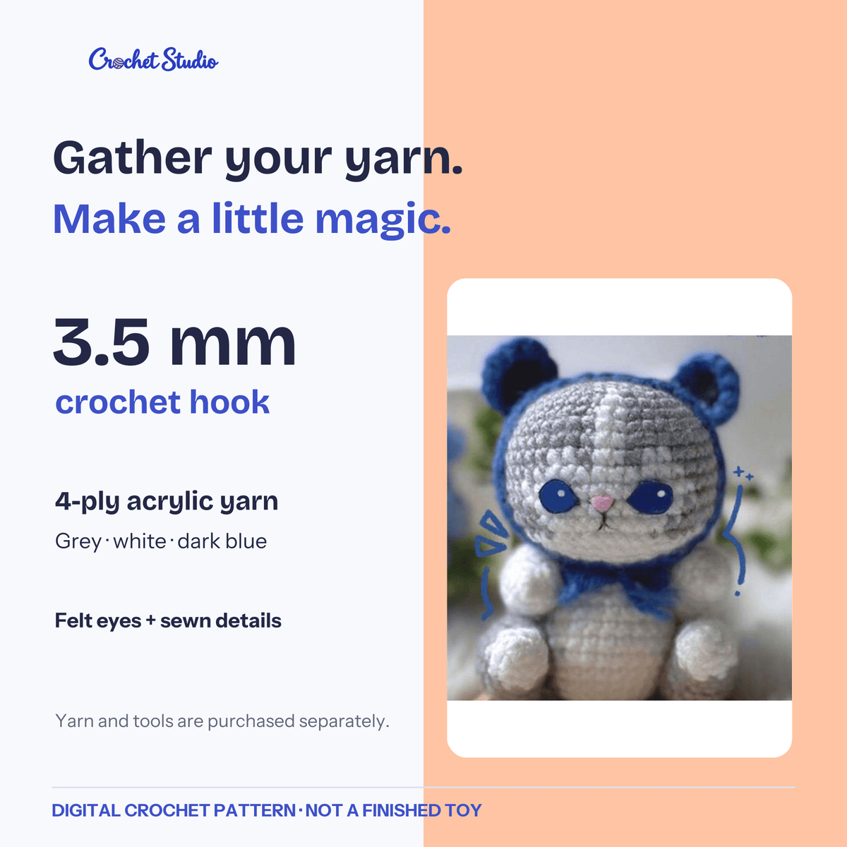 Materials for the pattern: 3.5 mm hook, 4-ply acrylic yarn and felt for the face.