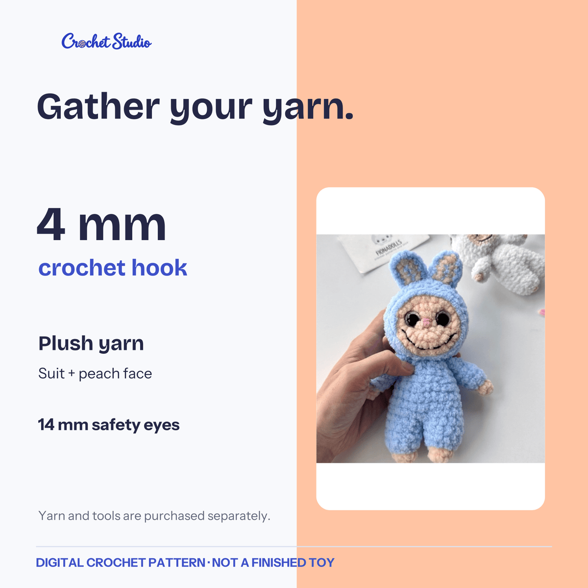 Suggested project supplies: plush yarn, a 4 mm hook and 14 mm safety eyes.