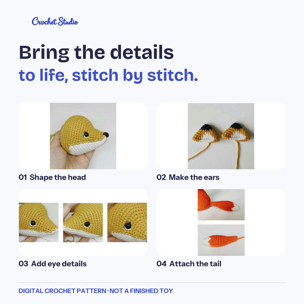 Source photos showing the head, ears, eye details and tail attachment.