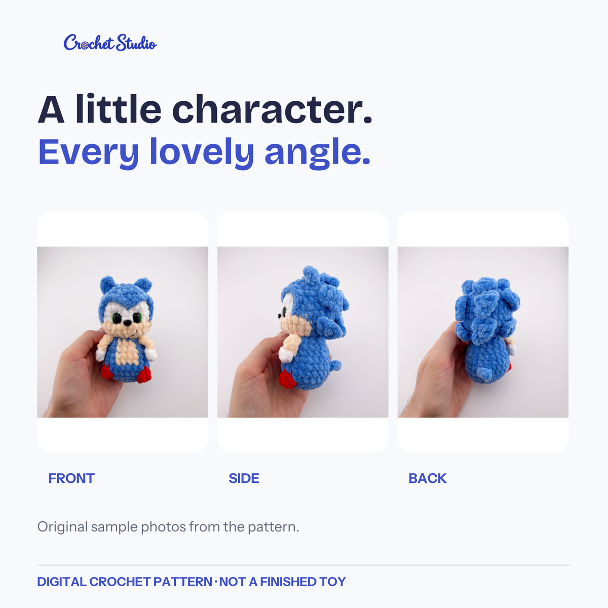Front, side and back views of the original Blue Hedgehog crochet sample.