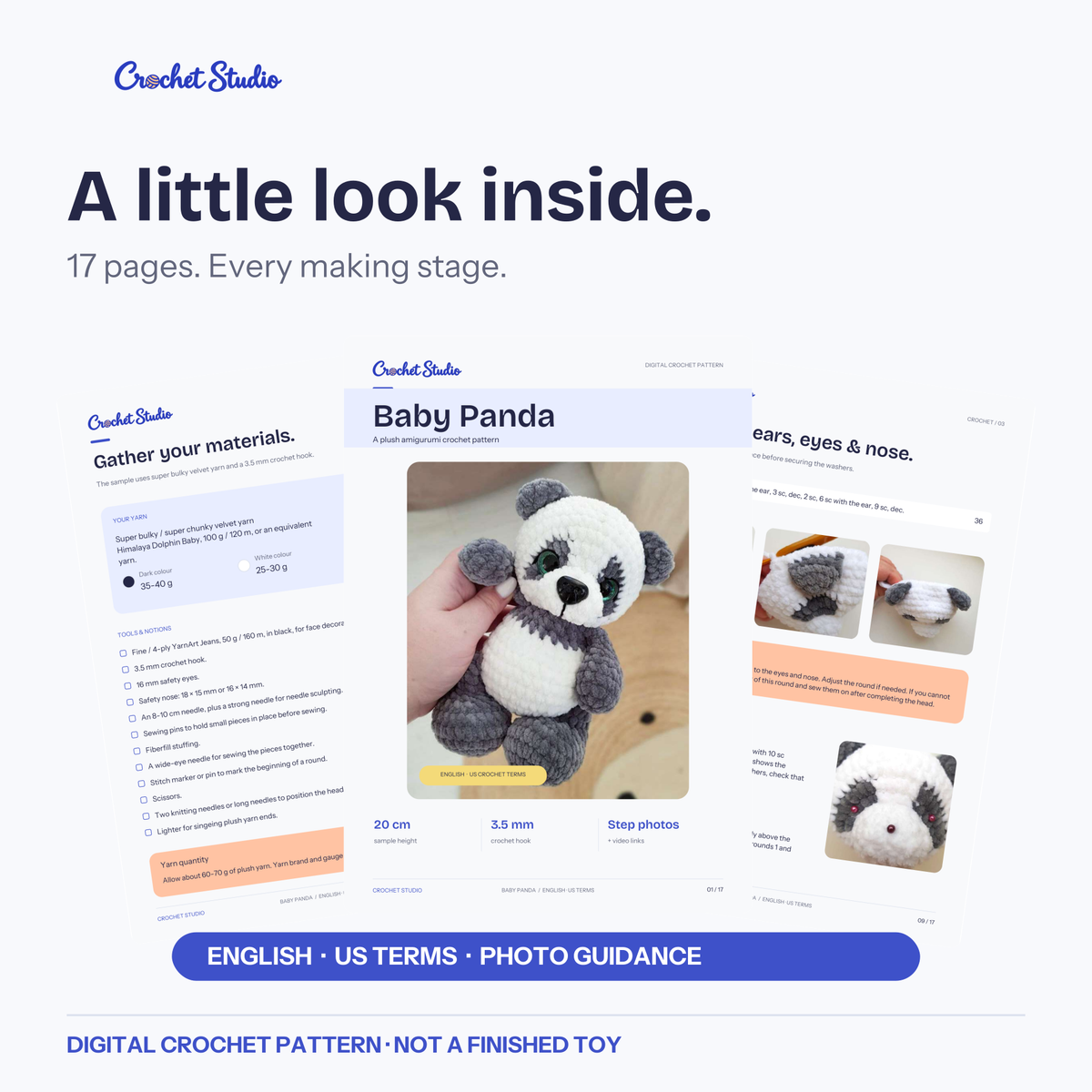 Actual cover, materials and step-by-step pages from the 17-page CROCHET STUDIO Baby Panda PDF.