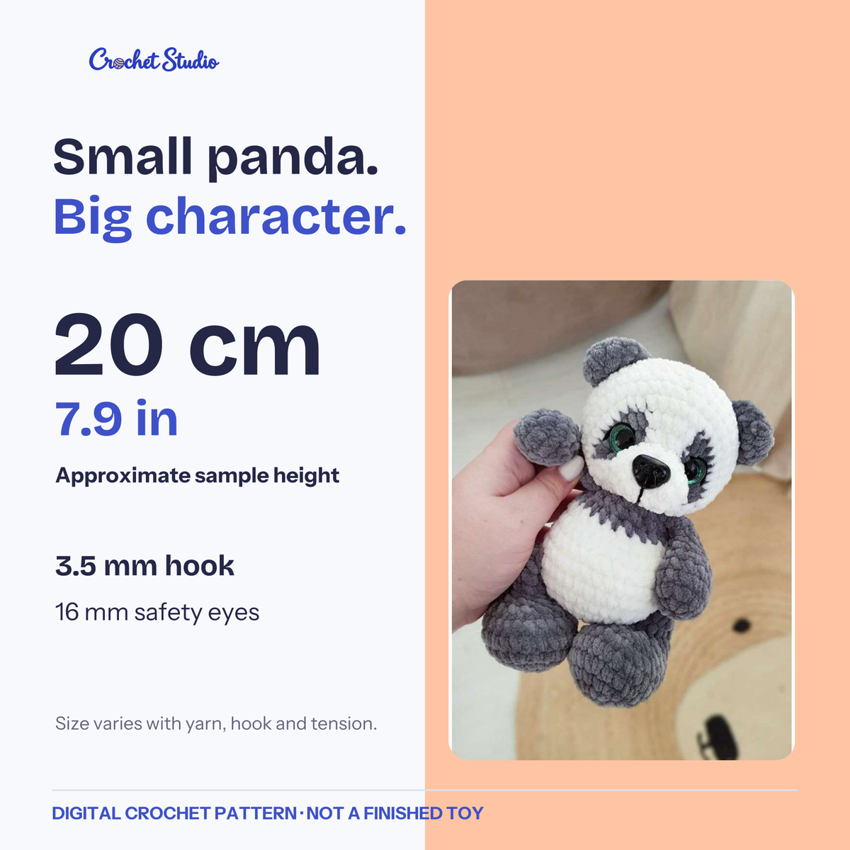 Baby Panda sample details: approximately 20 cm tall, with a 3.5 mm crochet hook and 16 mm safety eyes.